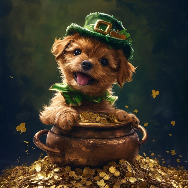 Foto puppy leprechaun zit op een ketel van goud