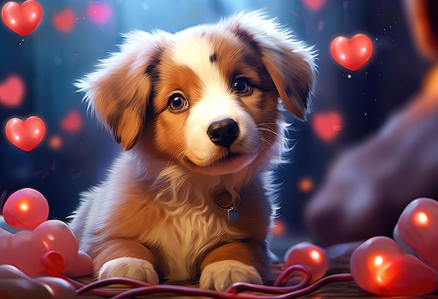 a puppy lies in front of hearts with a heartshaped background