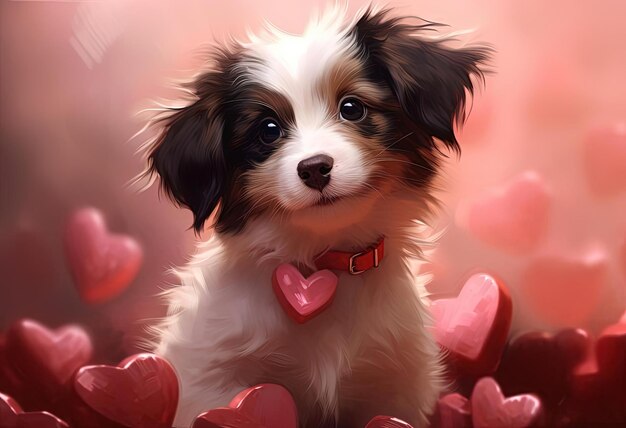 puppy looking at hearts