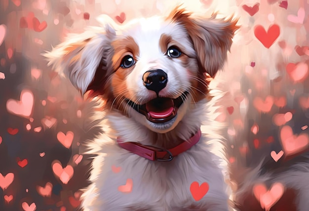 puppy looking at hearts