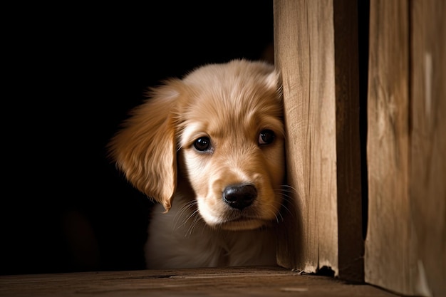 A puppy looks out of a door.