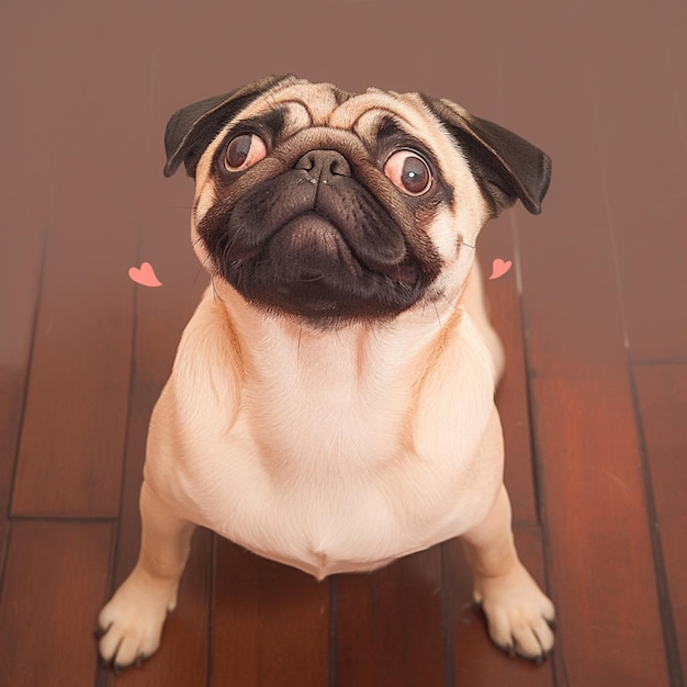 小犬の愛 ソーシャルメディアの投稿サイズのために心を捕まえる家でポーズをとる甘いパグ・ドッグ