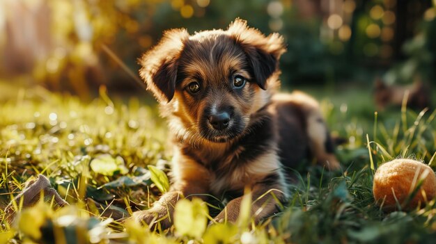 Puppy lying in the grass with a tennis ball