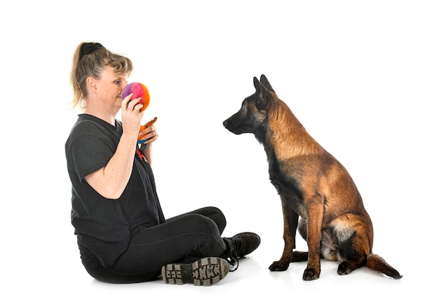 Photo puppy malinois and woman