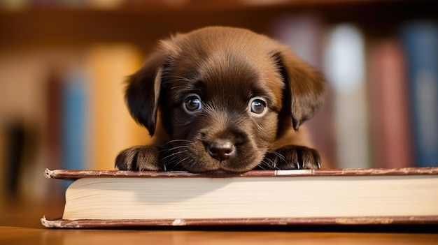 Puppy met een boek op de voorkant