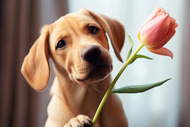 Puppy met een tulp