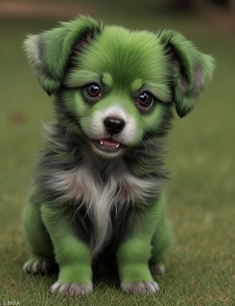 Puppy met groene vacht en oren als een zombie