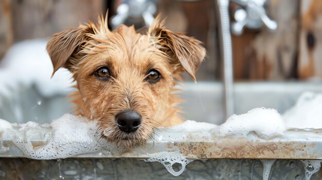 Puppy neemt een bubbelbad.