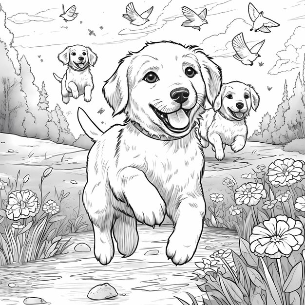 Photo puppy pals and feathered friends cartoon nature coloring page