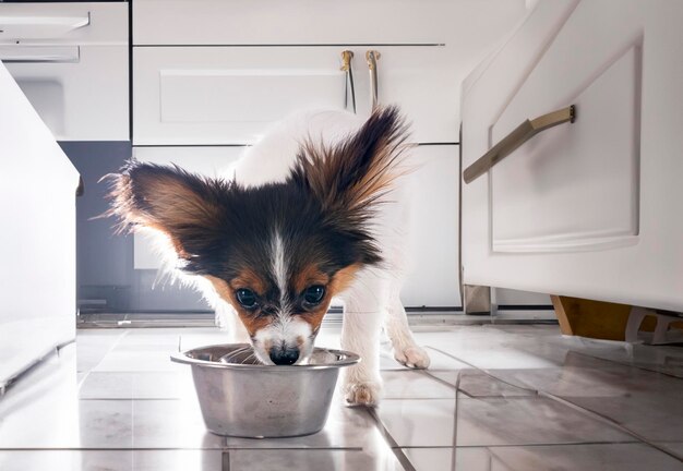 キッチンの背景の前で食べる子犬パピヨン犬