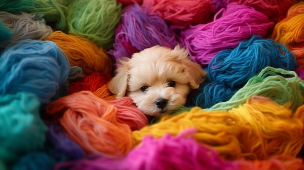 A puppy in a pile of yarn