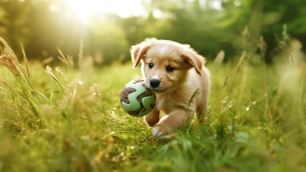 A puppy playing with a ball in the grass