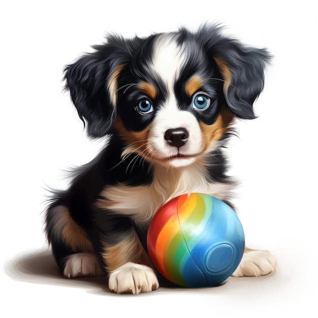 Photo puppy playing with ball isolated on white background