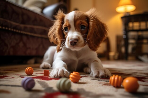 Puppy playing with chew toys on living room floor