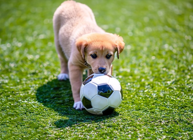 A puppy playing with a soccer ball on the grass.