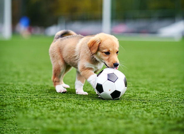 A puppy playing with a soccer ball
