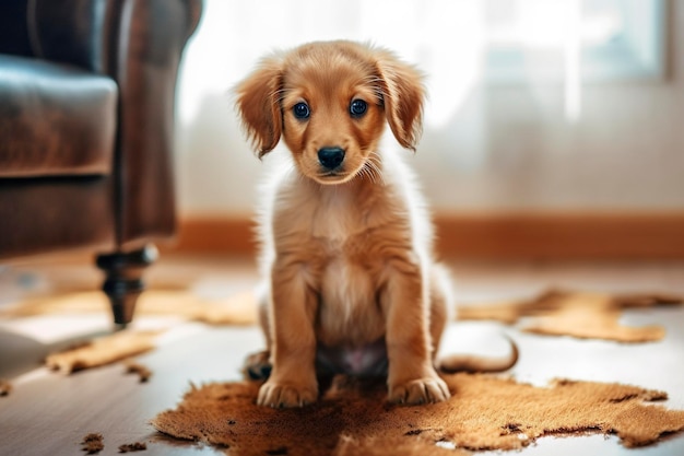 家のカーペットを引き裂いて休む子犬