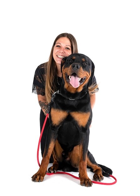 Puppy rottweiler en vrouw