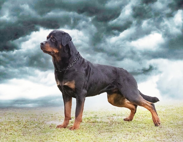 puppy rottweiler running in the nature in summer