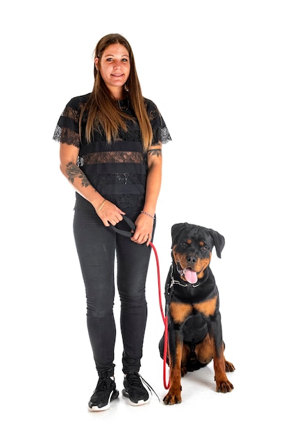 Puppy rottweiler and woman