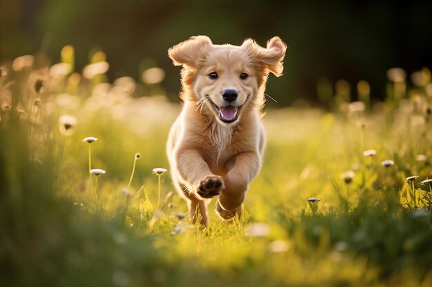 Photo a puppy running in the grass with a happy face