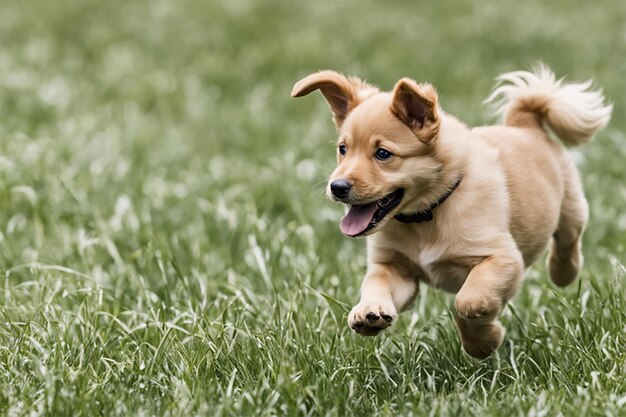 写真 草の中を走る子犬   陽気に見える  肌の色が明るい 自然な色