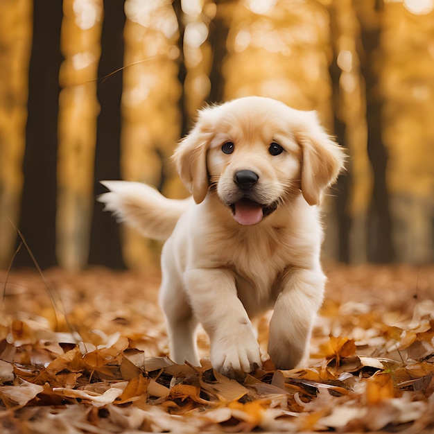 a puppy running through leaves in the fall