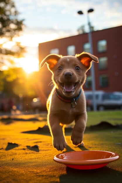 Puppy running towards a frisbee in a park at sunset generative ai