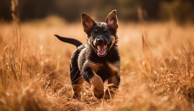 A puppy runs through a field of grass.