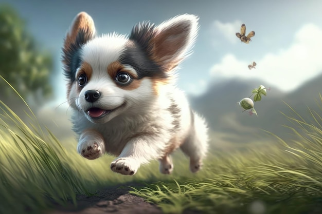 A puppy runs through a field of grass.