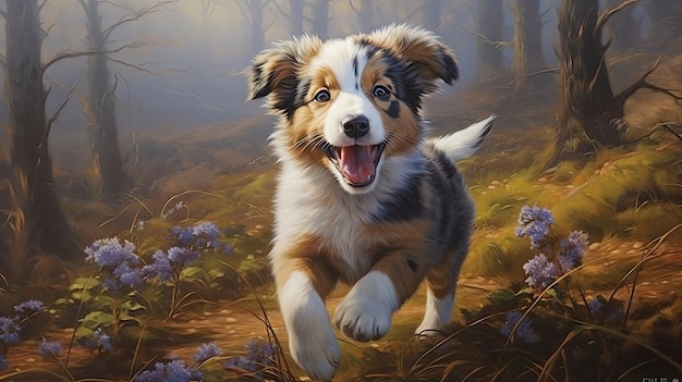 a puppy runs in the woods with purple flowers.