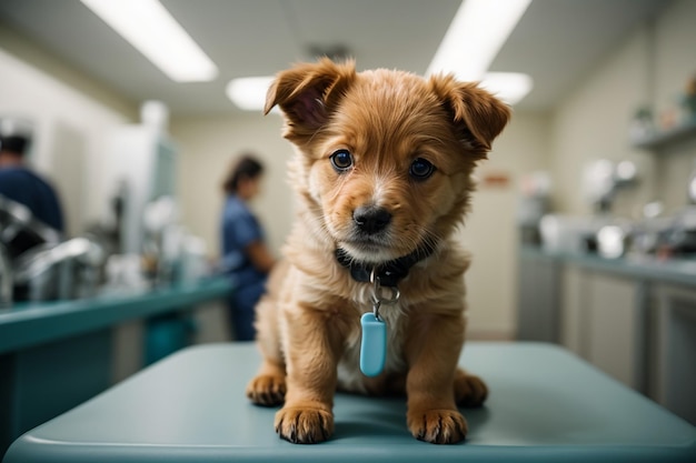 Photo puppy's first checkup tail wagging joy