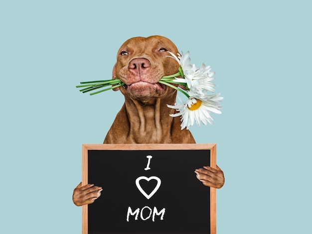 Puppy and a sign with words of love for Mom