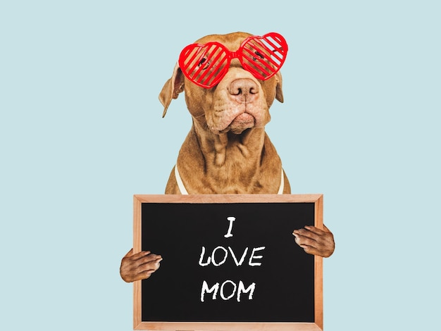 Puppy and a sign with words of love for Mom