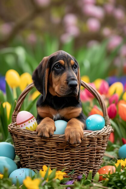 A Puppy Sits in a Basket with Colorful Easter Eggs in The Background