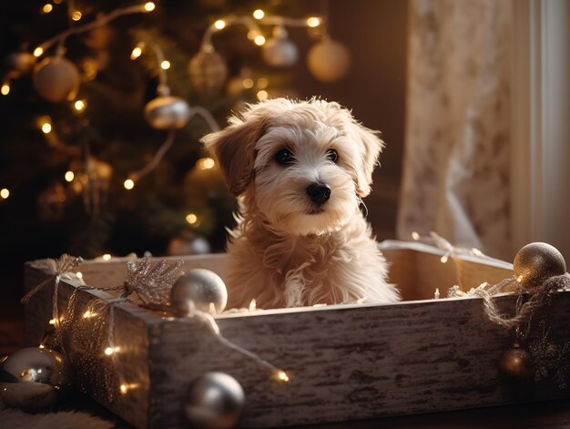 クリスマスツリーの下の新年のプレゼントとして箱に座っている子犬