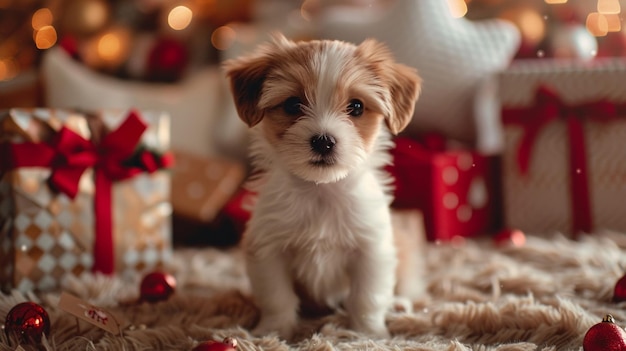 a puppy sits on a carpet with a christmas tree in the background