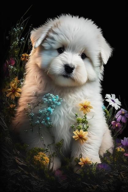 A puppy sits in a flowery garden.