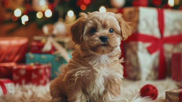 a puppy sits in front of a christmas tree