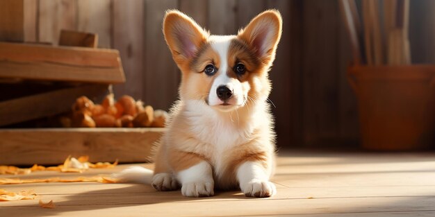 Photo puppy sits and looks welsh corgi breed