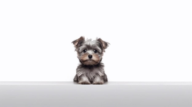 A puppy sits on a table with a white background.