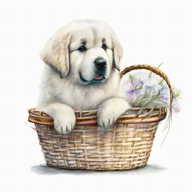 Puppy sitting in a basket with flowers and a flower arrangement generative ai