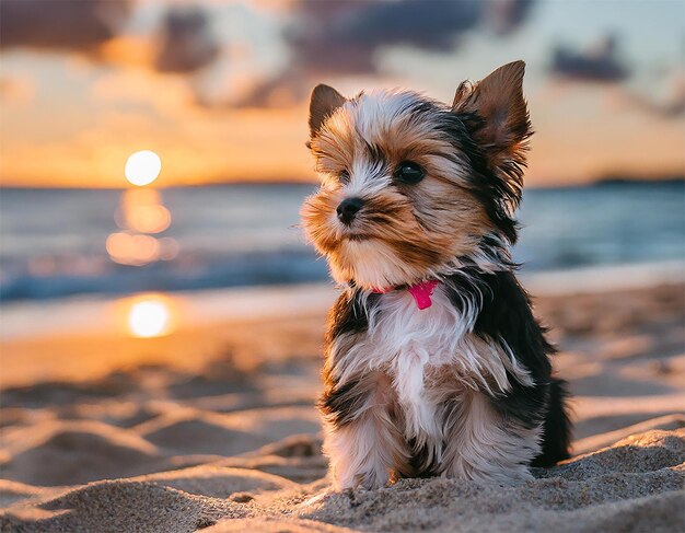 Щенок сидит на пляже и смотрит на прекрасный закат сзади.