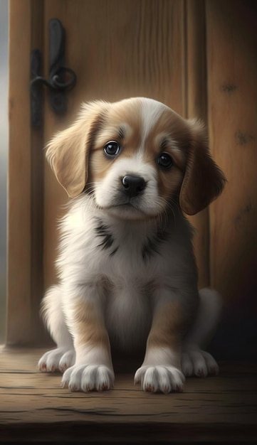 A puppy sitting in front of a window.