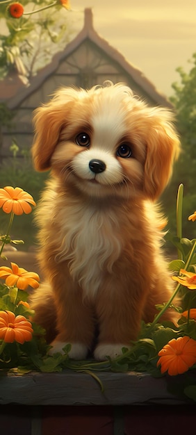 Puppy sitting in a garden with flowers and a house in the background generative ai