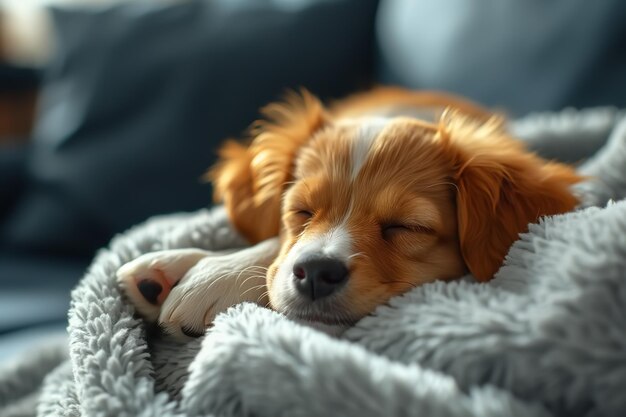 Puppy slaapt op een warme deken gezellig Closeup van een schattig huisdier kleine hond rusten binnen terwijl liggen op de bank