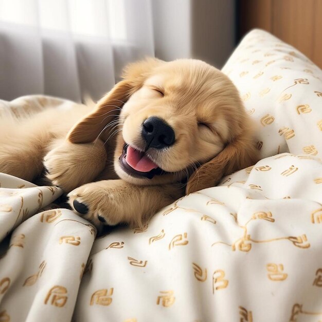 Photo a puppy sleeping on a bed with the letters neon it