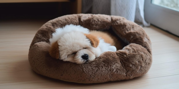 A puppy sleeping in a dog bed.