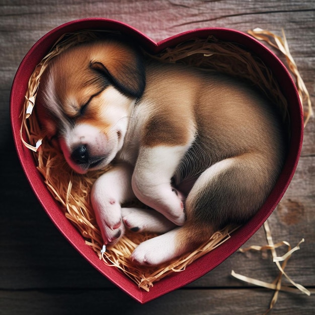 a puppy sleeping in a heart shaped box