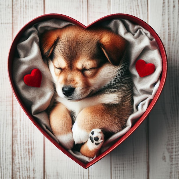 a puppy sleeping in a heart shaped box